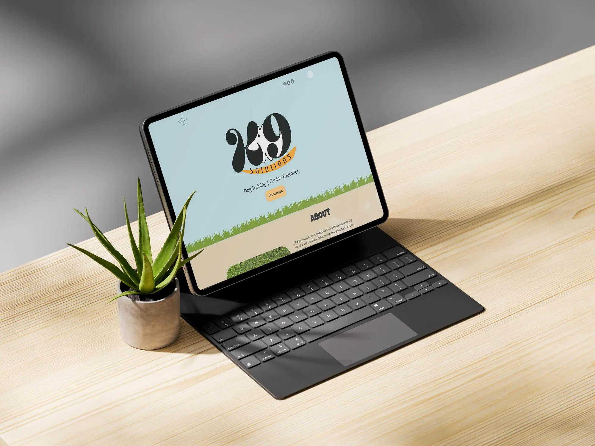 a laptop on a desk showing k9 solutions homepage
