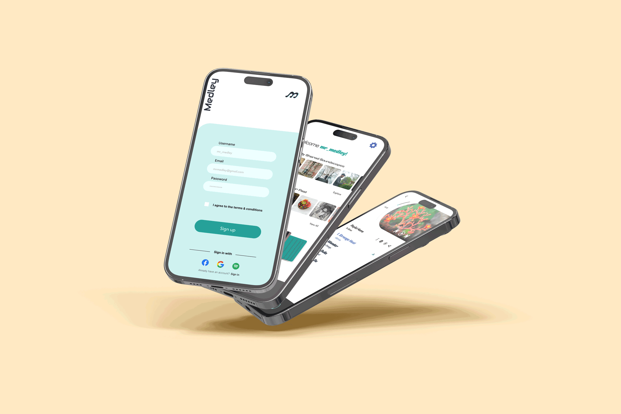 medley app showing on 3 cell phones